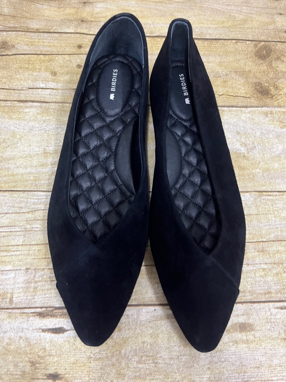 NWOT Birdies Black Suede Pointed Flats with Quilted Insole size 8.5